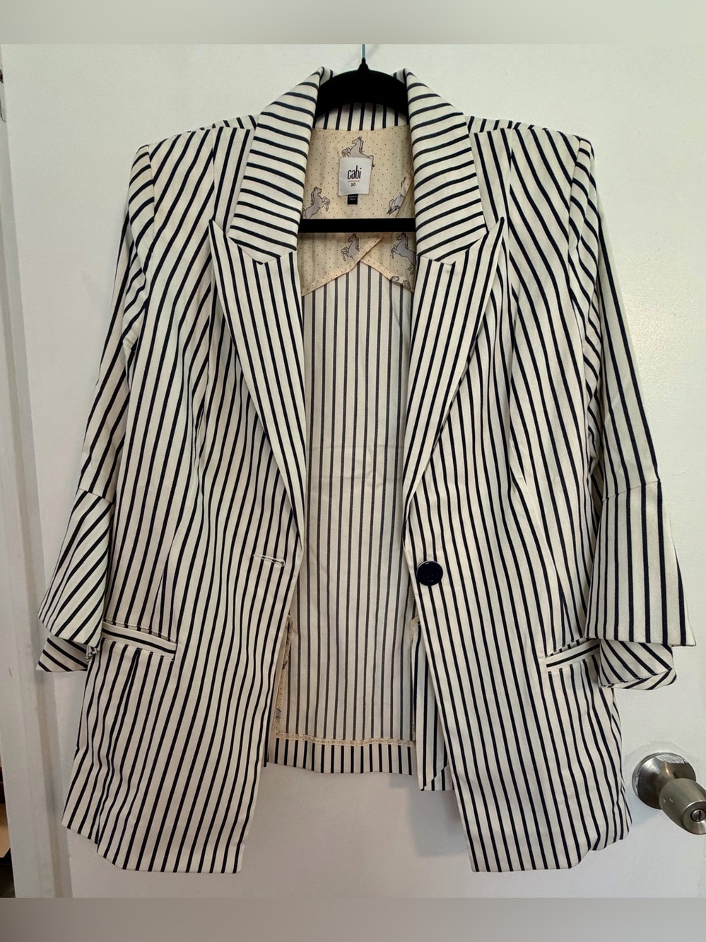 CAbi White Blazer with Black Vertical Stripes
